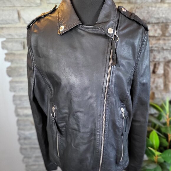 Sam Edelman Moto Biker Zip Cuff Black Jacket Leather Texture Womens Large - Picture 9 of 16
